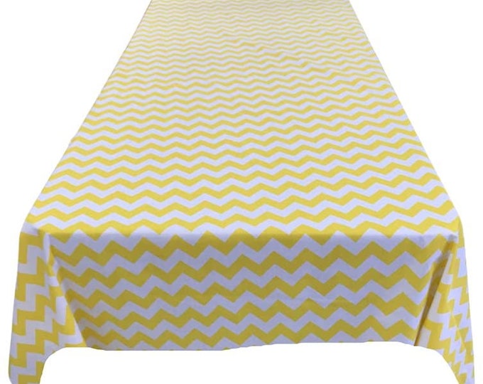 New Creations Fabric & Foam Inc, Chevron / Zig Zag Print Poly Cotton Tablecloth (White/ Yellow , Choose Size Below