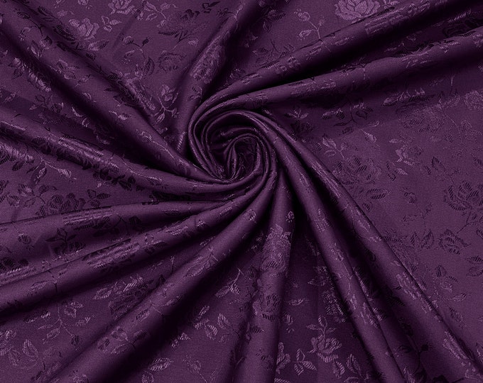 Plum 60" Wide Polyester Roses/Flowers Brocade Jacquard Satin Fabric/Cosplay Costumes, Skirts, Table Linen/Sold By The Yard.