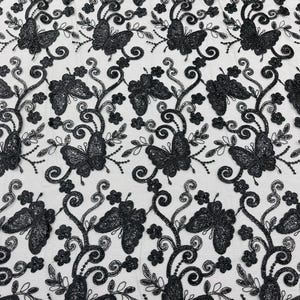 Black Metallic Lace Fabric, Embroidered Butterfly Vines with Sequins, Evening Gown Material