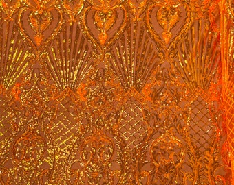 Orange iridescent sequin shell damask design on a 4 way stretch mesh fabric -prom-sold by the yard.