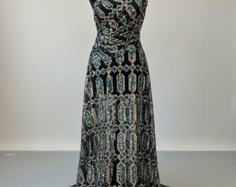 Turquoise Iridescent Jewel Sequin Dress Fabric, 4-Way Stretch Black Mesh Sold by the Yard