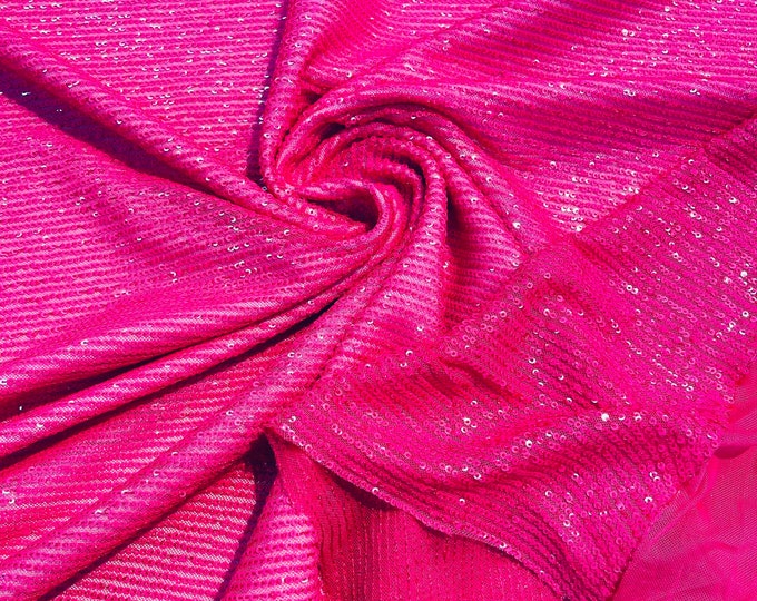 Hot Pink chain shiny sequins design on a 4 way stretch mesh fabric -prom-sold by the yard.