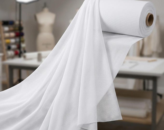 White Stretch Mesh Fabric by Yard, Sheer Tulle Fabric, Soft Spandex Net Fabric for Bridal Dress, Veil, Lining, Sewing Material