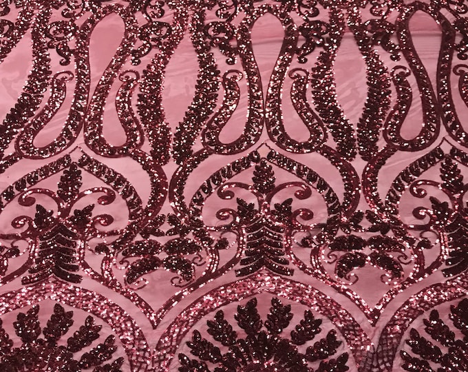 Burgundy diva design embroider with shiny sequins on a 4 way stretch power mesh-dresses-fashion-apparel-prom-nightgown-sold by the yard.