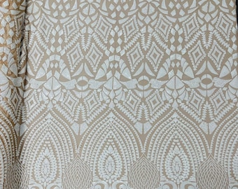 White shiny diamond design with sequins on a Nude 4 way stretch mesh-prom-nightgown-sold by the yard-free shipping in the USA.