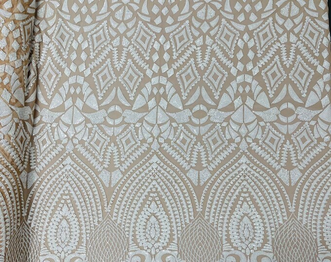 White shiny diamond design with sequins on a Nude 4 way stretch mesh-prom-nightgown-sold by the yard-free shipping in the USA.