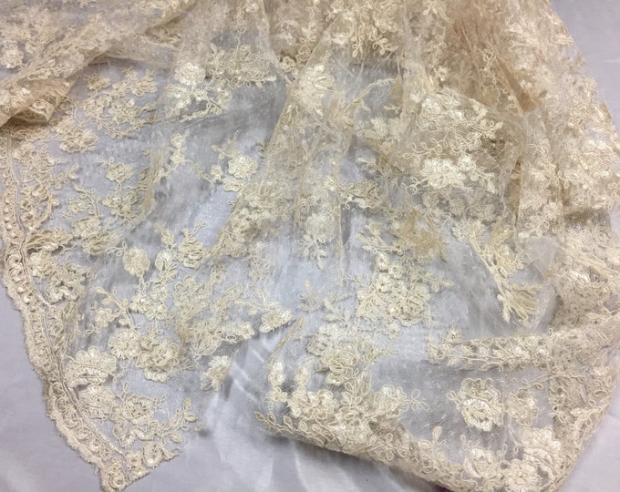 Sensational dark Ivory Flowers Embroider And Corded On a Polkadot Mesh Lace-prom-nightgown-decorations-dresses-sold by the yard.
