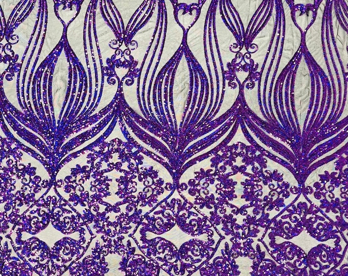 Purple Hologram sequin damask design on a Black 4 way stretch mesh-sold by the yard.