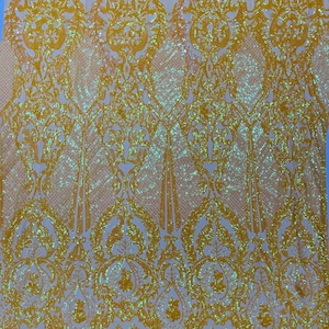 Yellow princess design iridescent sequins embroidery on a 4 way stretch mesh-dresses-prom-nightgown-sold by the yard.
