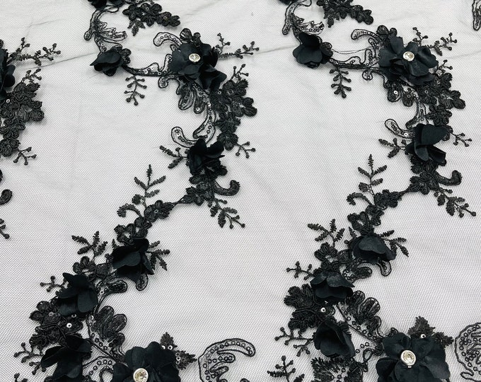 Black 3d floral design embroider and beaded with rhinestones on a mesh lace-prom-apparel-fashion-sold by yard.