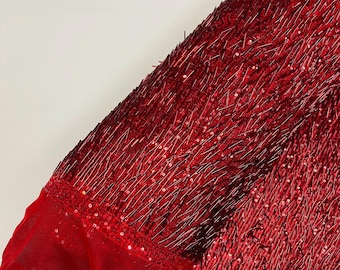 Red - Vegas Beaded Sequin Stretch Mesh Fabric, Embroidered Design for Prom Gown, by The Yard