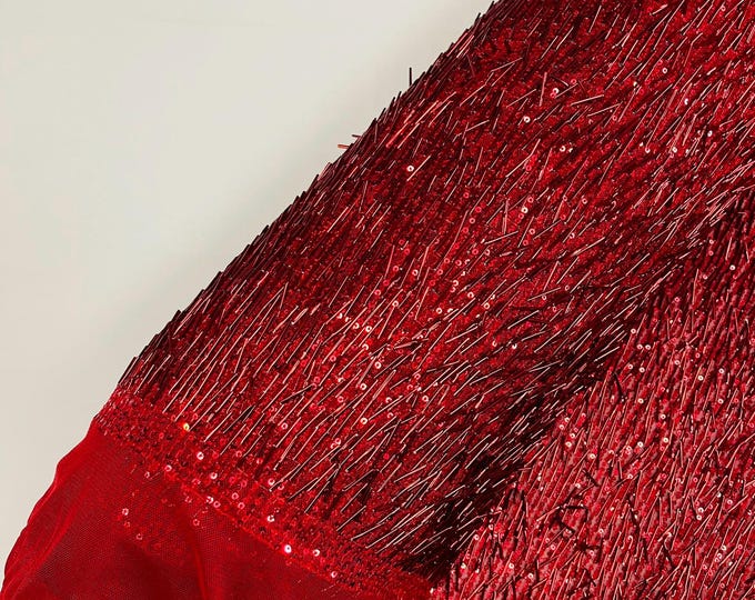 Red - Vegas Beaded Sequin Stretch Mesh Fabric, Embroidered Design for Prom Gown, by The Yard