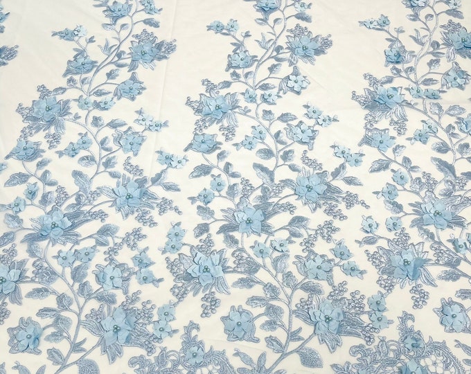 Light Blue Emily 3d floral design embroider with pearls in a mesh lace-sold by the yard.