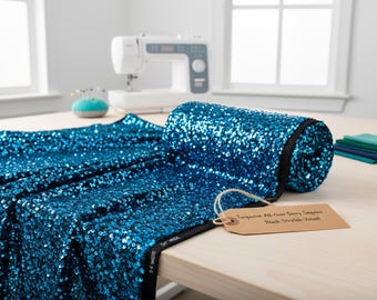 Turquoise Black Stretch Velvet with Shiny 5mm Sequins, 54" Wide Fabric Sold by the Yard