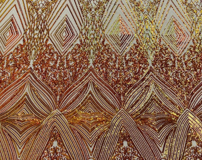 Red Orange Iridescent geometric diamond design with shiny sequins on a nude 4 way stretch mesh fabric- sold by the yard.