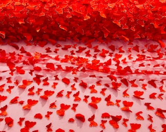 Red 3D butterfly metallic design embroider on a mesh fabric - Sold By the Yard .