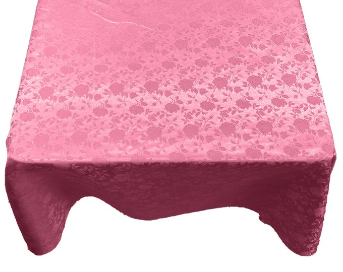 Dusty Rose Roses Jacquard Satin Rectangular Tablecloth Seamless/Party Supply.