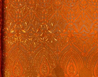 Orange Iridescent - Diamond Geometric Sequin On A Stretch Mesh Fabric ( By The Yard)