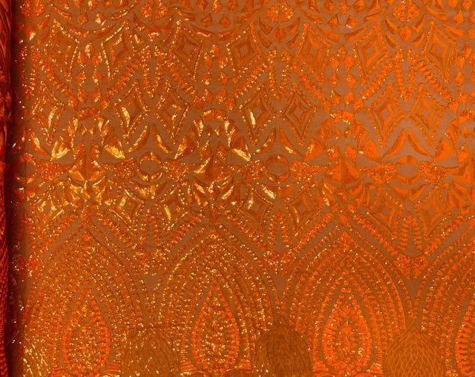 Orange Iridescent - Diamond Geometric Sequin On A Stretch Mesh Fabric ( By The Yard)