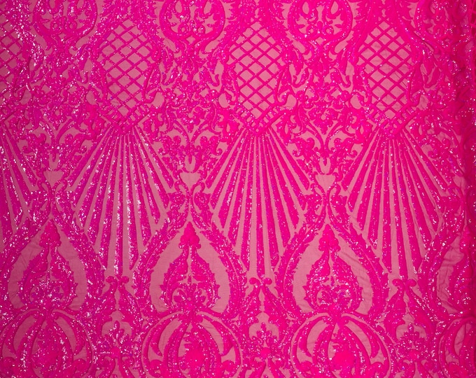 Hot Pink iridescent Shell Damask sequin design on a 4 way stretch mesh fabric-prom-sold by the yard.