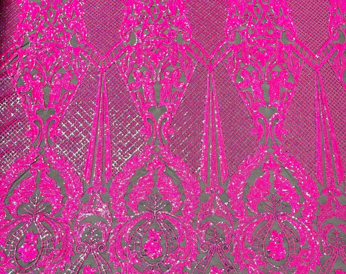 Hot Pink hologram shiny sequin damask design on a Black 4 way stretch mesh-sold by the yard.