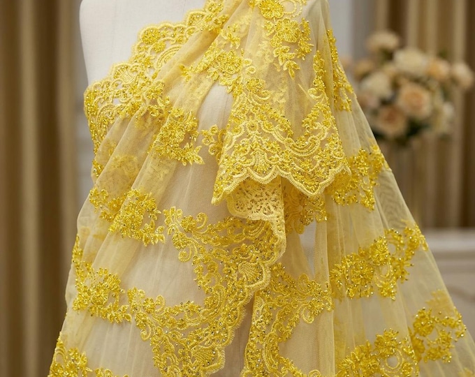Yellow Beaded Mesh Lace Fabric by the Yard, Floral Embroidered Bridal Lace for Prom Dress, Wedding Gown, Couture Fabric