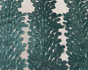 Hunter green vegas design-Feathers Peacock with Embroidery sequins on stretch Mesh Lace Fabric (By 3 Panels)