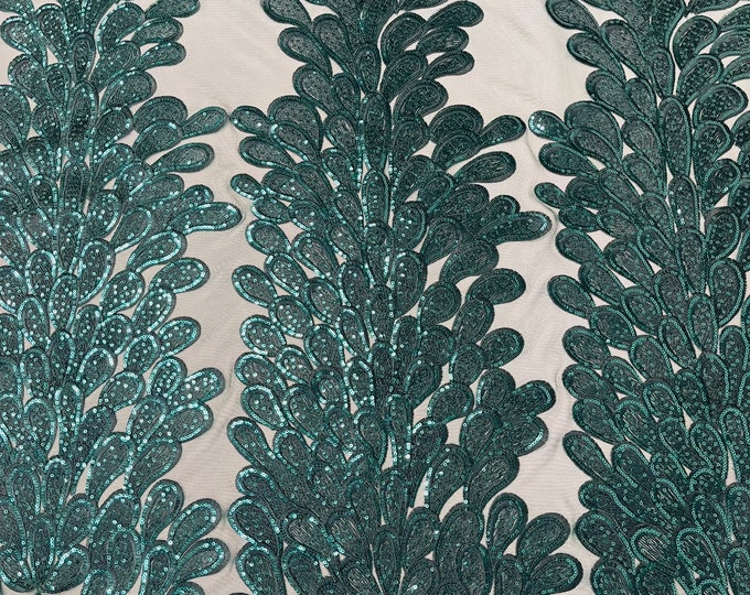 Hunter green vegas design-Feathers Peacock with Embroidery sequins on stretch Mesh Lace Fabric (By 3 Panels)