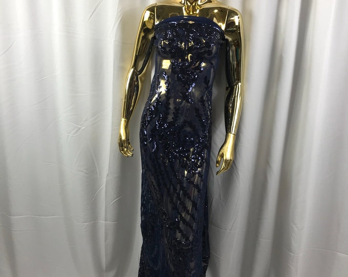 Navy blue 4 way Stretch power mesh lace embroidered with shiny sequins-dresses-apparel-prom-nightgown-decorations-sold by the yard.