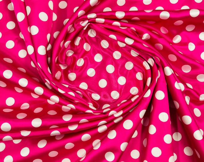 White 1/2 inch Multi Color Polka Dot On A Fuchsia Soft Charmeuse Satin Fabric Sold By The Yard-60" Wide 100% Polyester.