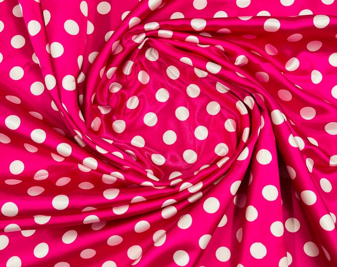 White 1/2 inch Multi Color Polka Dot On A Fuchsia Soft Charmeuse Satin Fabric Sold By The Yard-60" Wide 100% Polyester.