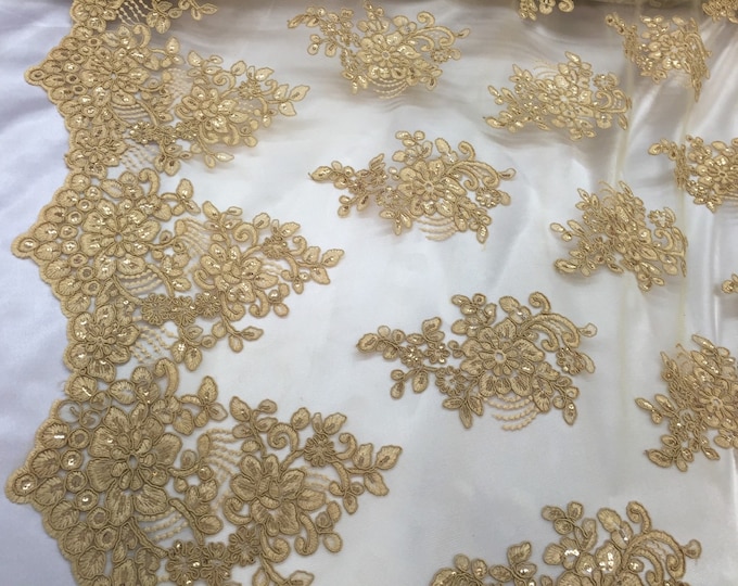 Gold flower lace corded and embroider with sequins on a mesh. Wedding/bridal/prom/nightgown fabric-apparel-fashion-dresses-Sold by the yard.