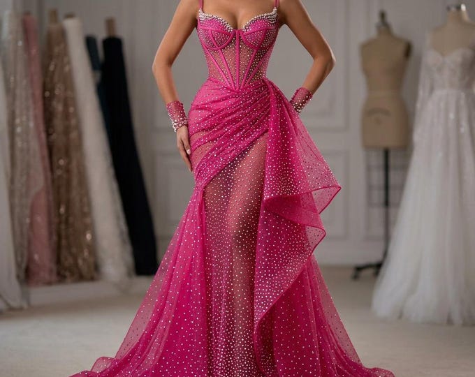 Hot Pink Glitter Mesh Fabric Sparkle Tulle Fabric Sheer Polka Dot Mesh 60 Inch Wide Party Dress Prom Fabric by the Yard