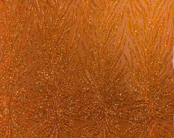Orange Iridescent - Phoenix feather design with sequins embroider on a orange 4 way stretch mesh fabric-sold by the yard.