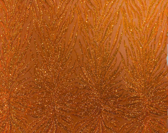 Orange Iridescent - Phoenix feather design with sequins embroider on a orange 4 way stretch mesh fabric-sold by the yard.