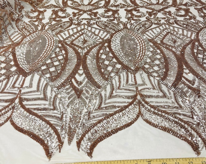 Rose gold royalty sequin design on a 4 way stretch mesh-prom-sold by the yard.