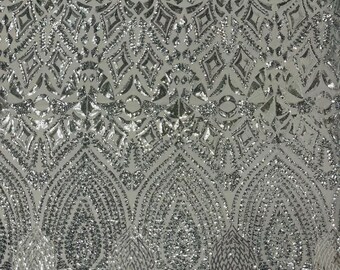 Silver - Diamond Geometric Sequin On A Stretch Mesh Fabric ( By The Yard)