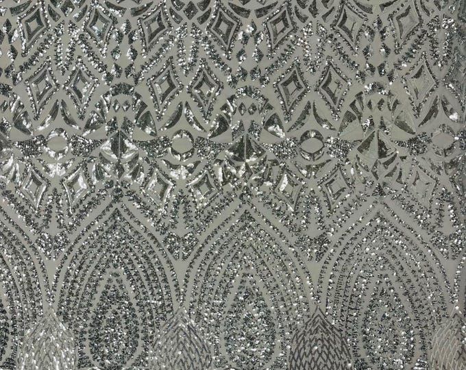 Silver - Diamond Geometric Sequin On A Stretch Mesh Fabric ( By The Yard)