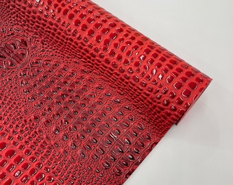 Red/Black Glossy Two Tone Gator Fake Leather Upholstery, 3-D Crocodile Skin Texture Faux Leather PVC Vinyl/54" Wides
