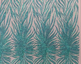 Mint Iridescent - Phoenix feather design with sequins embroider on a white 4 way stretch mesh fabric-sold by the yard.