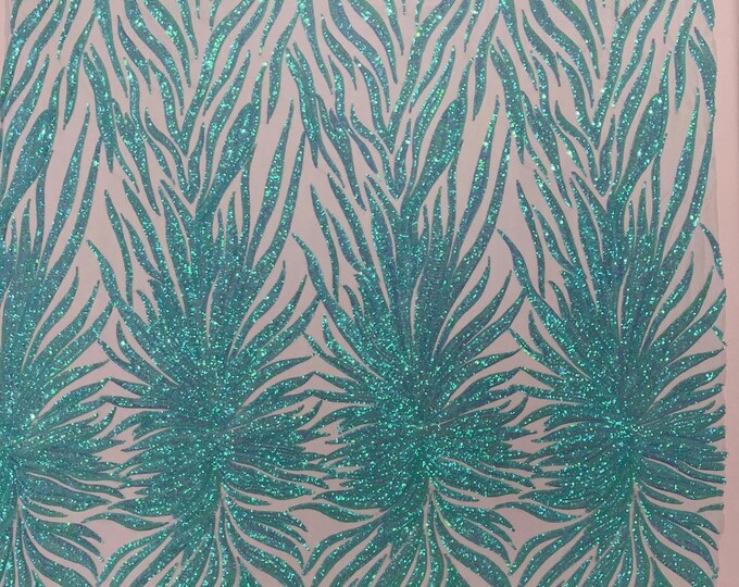 Mint Iridescent - Phoenix feather design with sequins embroider on a white 4 way stretch mesh fabric-sold by the yard.