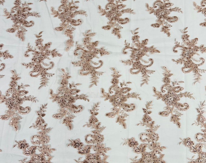 Blush Pink Lex floral design corded and embroider with sequins on a mesh lace fabric-prom-sold by the yard.