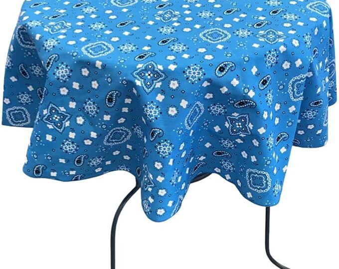 New Creations Fabric & Foam Inc, Round Print Poly Cotton Tablecloth (Bandanna Turquoise , Choose Size Below