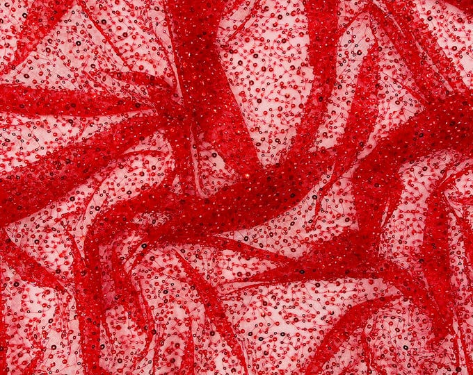 Red All Over Luxury Beaded Mesh with Pearls, Sequins for Wedding Dresses, Prom Gowns