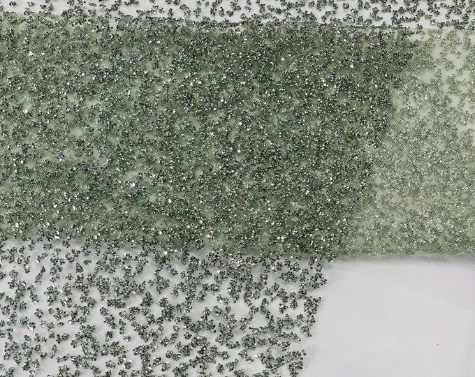 Sage Green - Glitter Rhinestones on Mesh Fabric, | Glimmer | Sparkle Fabric (by The Yard).