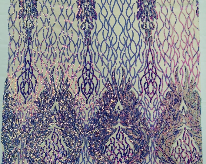 Lavender iridescent damask sequin design on a nude 4 way stretch mesh fabric-prom-sold by the yard.