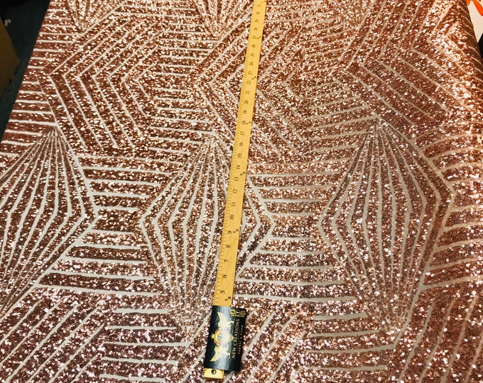 Rose gold shiny sequin geometric diamond design on a 2 way stretch mesh fabric-prom-nightgown-sold by the yard-free shipping in the USA-