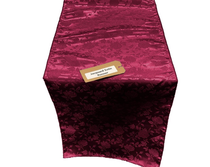 Burgundy Jacquard Satin Roses Runner, Party Supply / Wedding / Decoration.