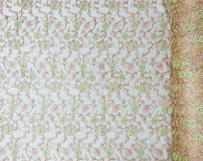 Blush multi color green metallic floral design embroider on a ivory mesh lace-dresses-sold by the yard.
