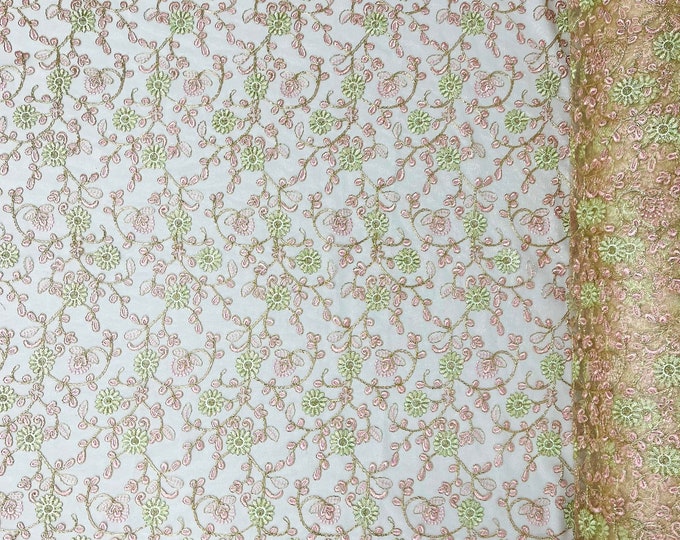 Blush multi color green metallic floral design embroider on a ivory mesh lace-dresses-sold by the yard.